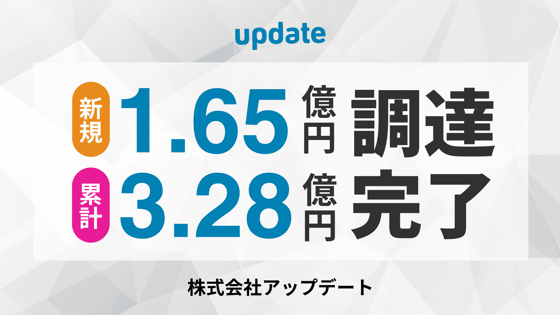 株式会社アップデート、デットファイナンスにより 1.65億円を新規調達、累計3.28億円到達のお知らせ